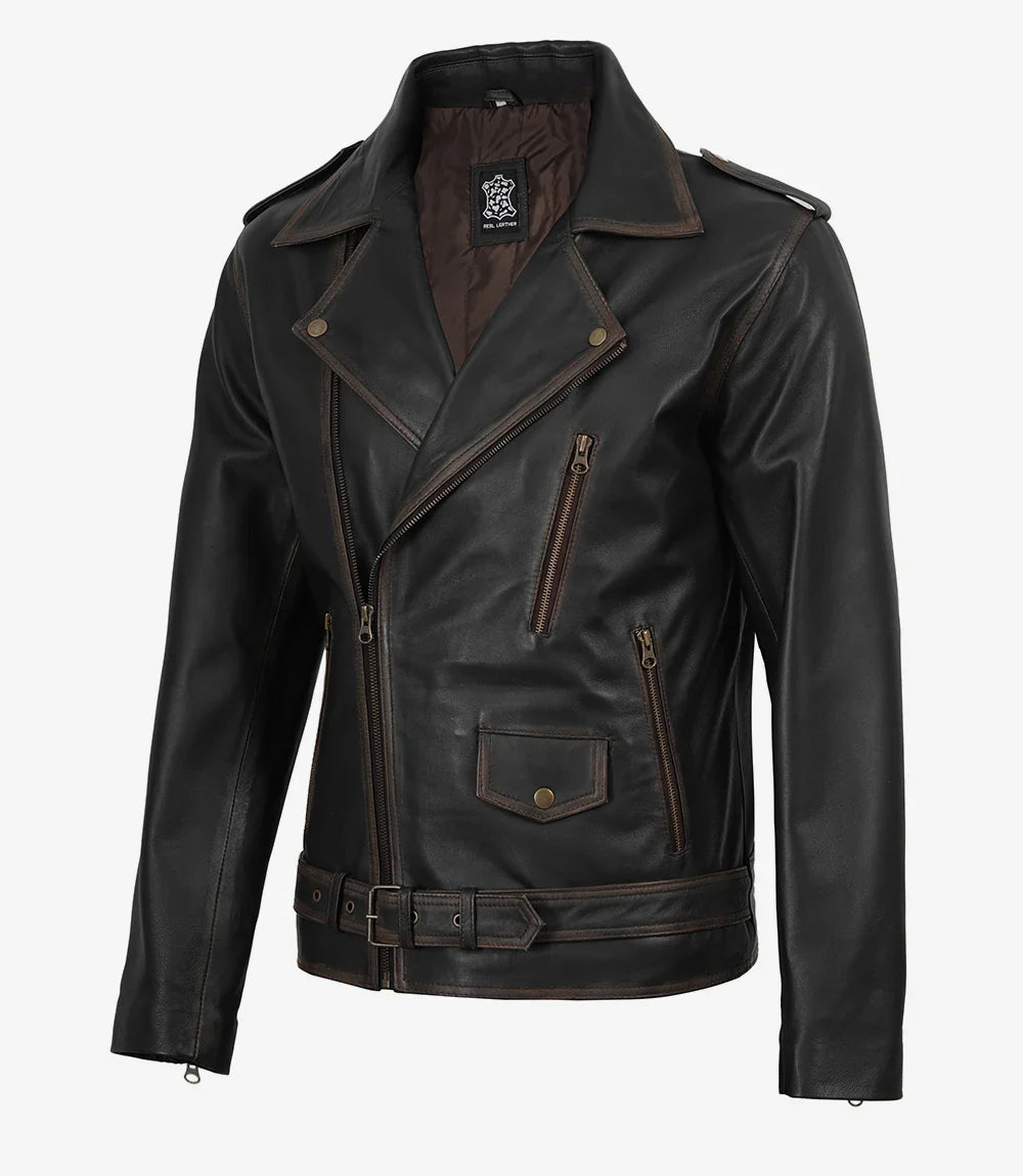 Men's Distressed Dark Brown Leather Biker Style Jacket with Belt