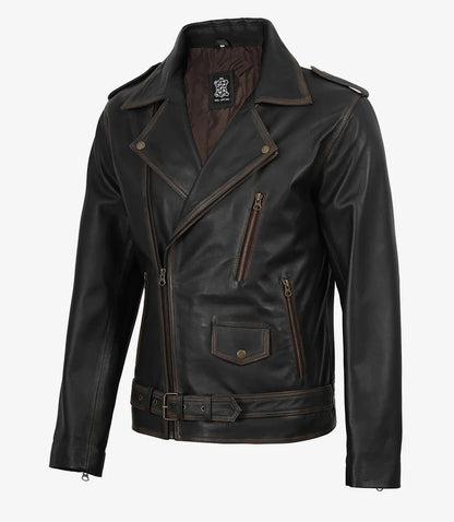 Men's Distressed Dark Brown Leather Biker Style Jacket with Belt