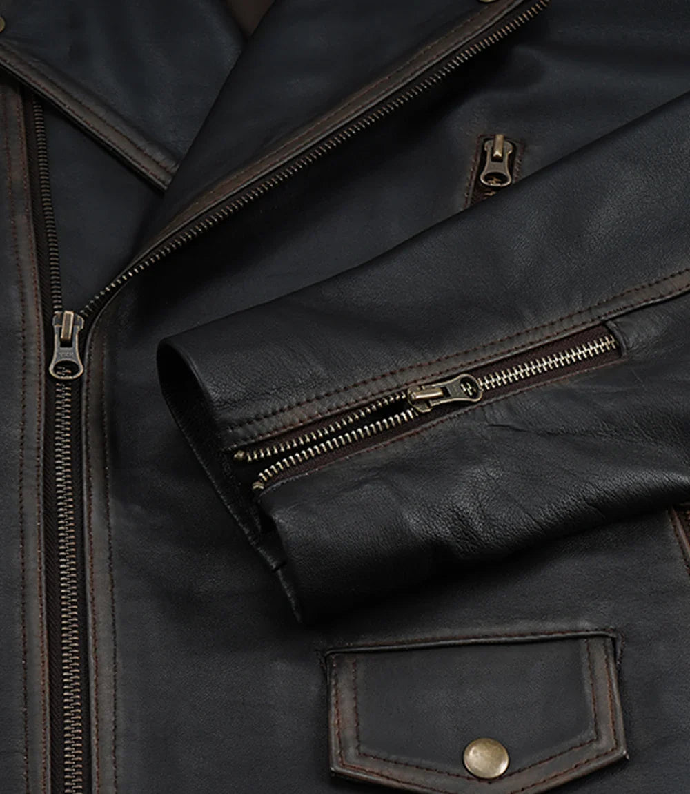 Men's Distressed Dark Brown Leather Biker Style Jacket with Belt
