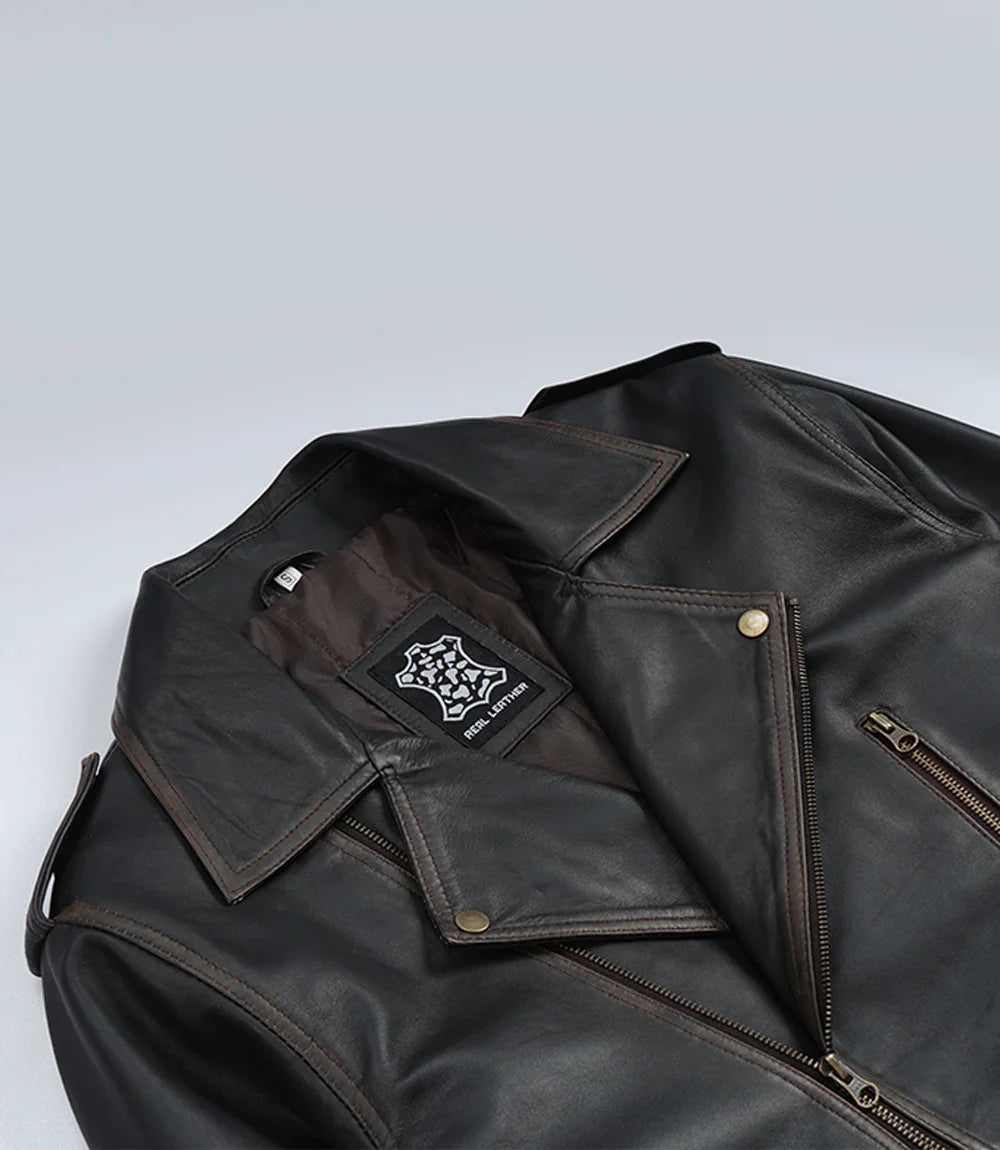 Men's Distressed Dark Brown Leather Biker Style Jacket with Belt