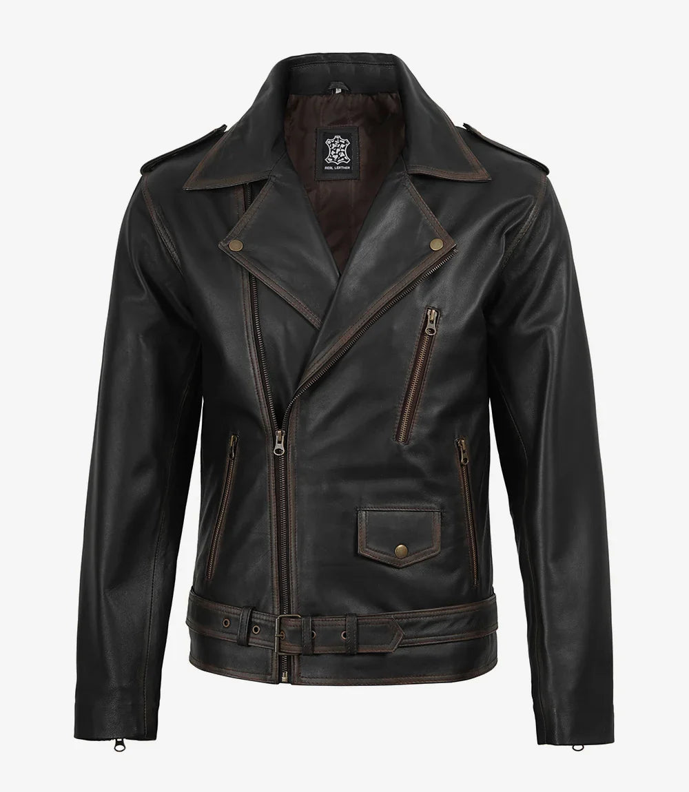 Men's Distressed Dark Brown Leather Biker Style Jacket with Belt