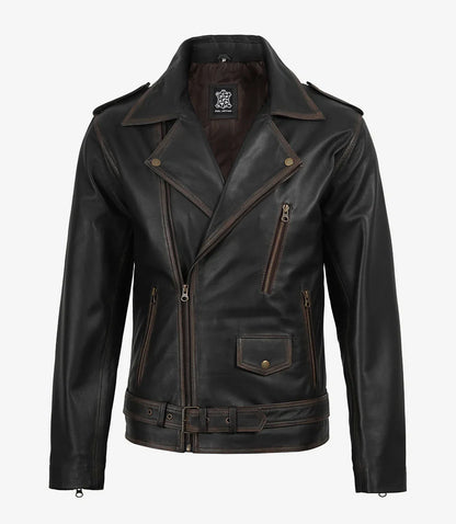 Men's Distressed Dark Brown Leather Biker Style Jacket with Belt
