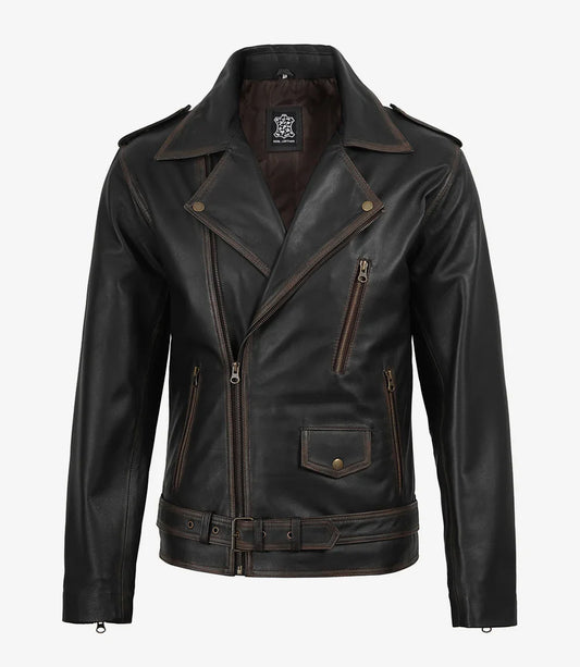 Men's Distressed Dark Brown Leather Biker Style Jacket with Belt