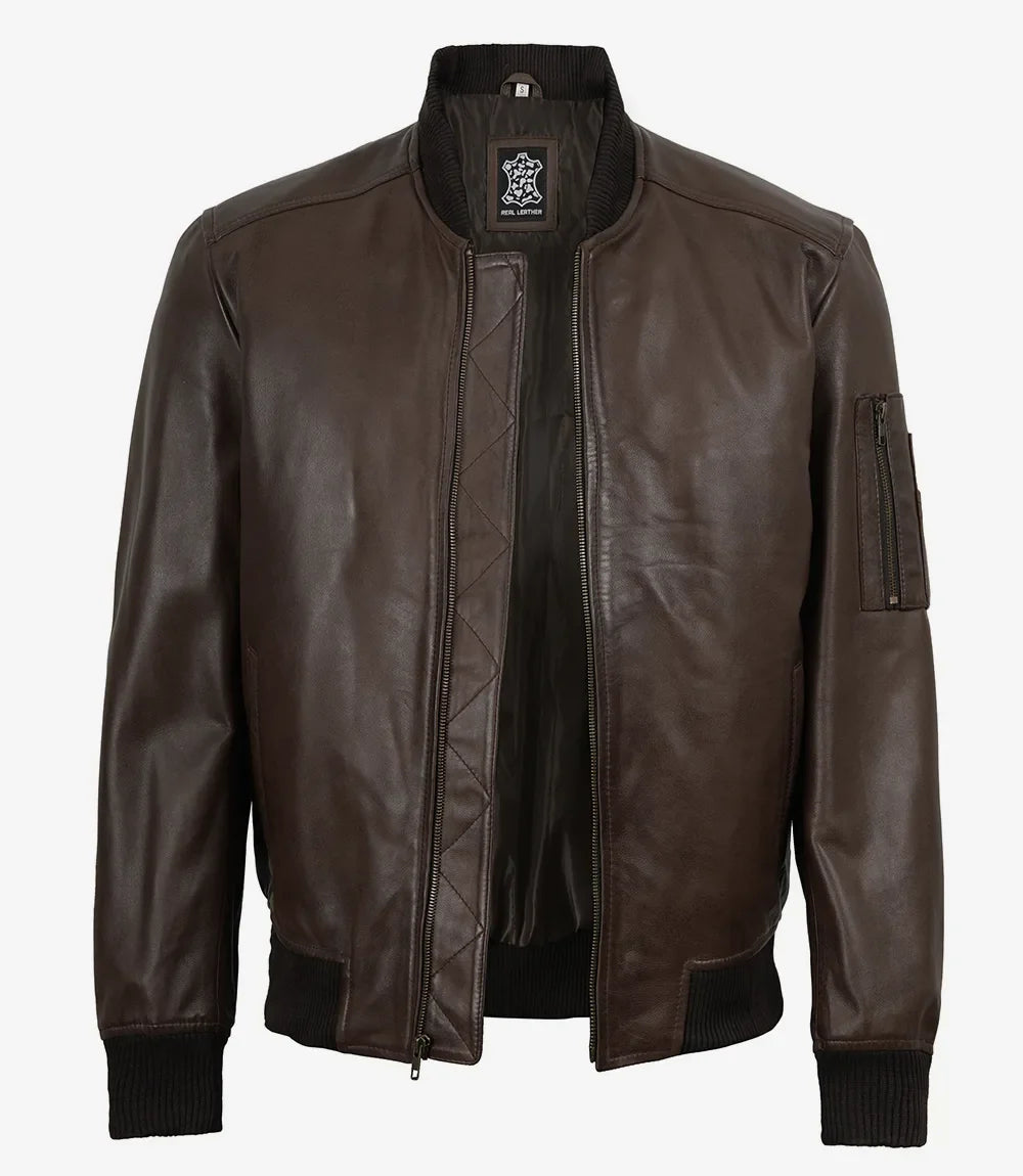 Men's Dark Brown Leather Bomber Jacket with Ribbed Collar