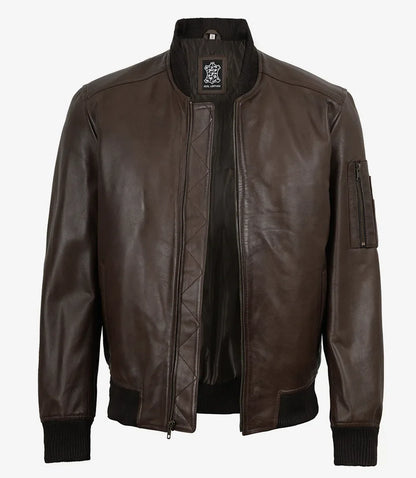 Men's Dark Brown Leather Bomber Jacket with Ribbed Collar