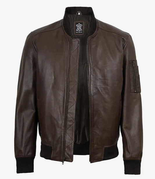 Men's Dark Brown Leather Bomber Jacket with Ribbed Collar