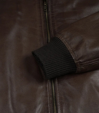 Men's Dark Brown Leather Bomber Jacket with Ribbed Collar