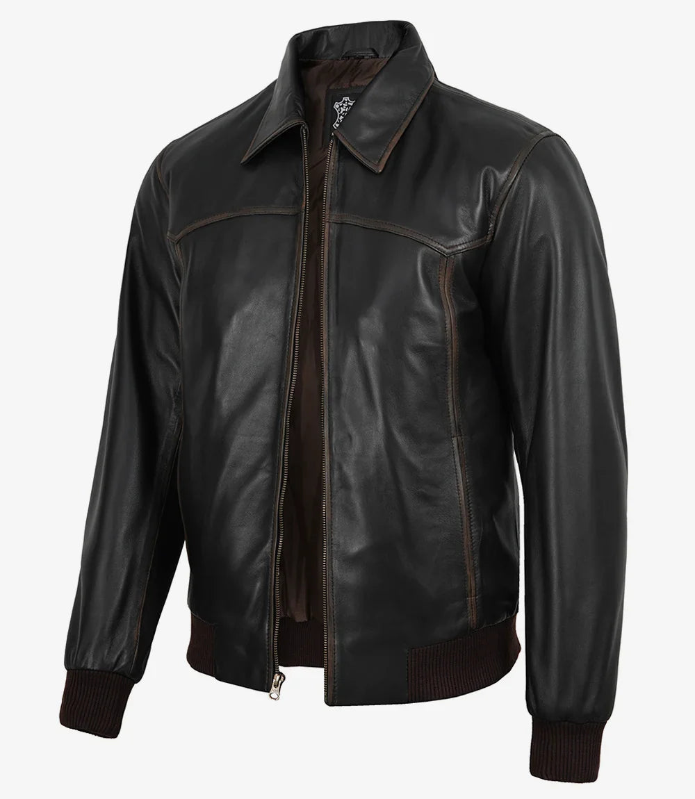 Men's Distressed Brown Leather Bomber Jacket with Shirt Collar