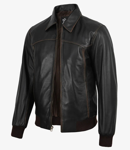 Men's Distressed Brown Leather Bomber Jacket with Shirt Collar