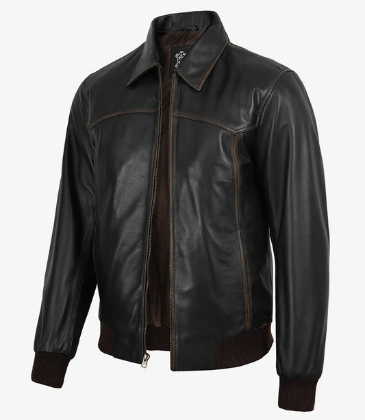 Men's Distressed Brown Leather Bomber Jacket with Shirt Collar