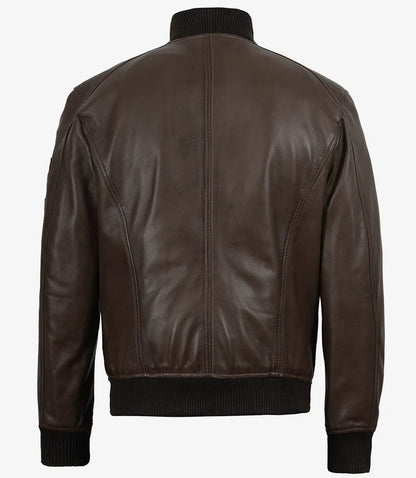 Men's Dark Brown Leather Bomber Jacket with Ribbed Collar