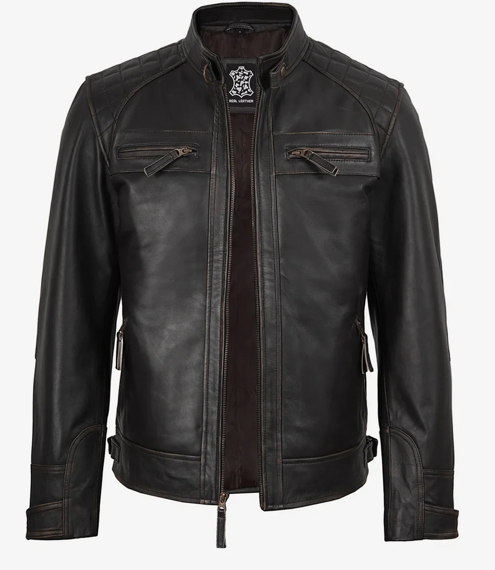 Men's Distressed Brown Biker Style Leather Jacket - Quilted Shoulder