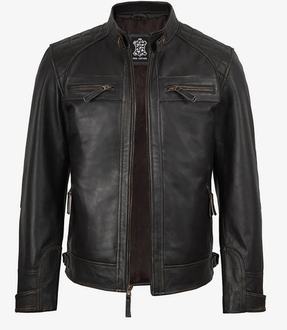 Men's Distressed Brown Biker Style Leather Jacket - Quilted Shoulder