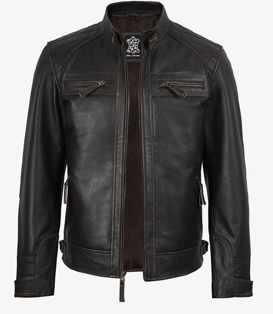 Men's Distressed Brown Biker Style Leather Jacket - Quilted Shoulder