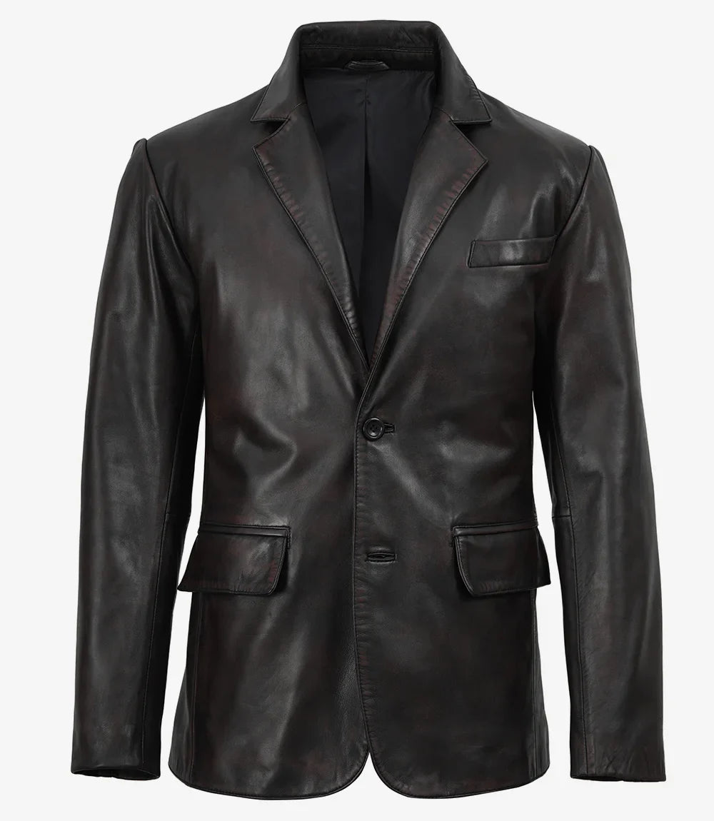 Juan Men's Two Toned Maroon Distressed Black Leather Blazer
