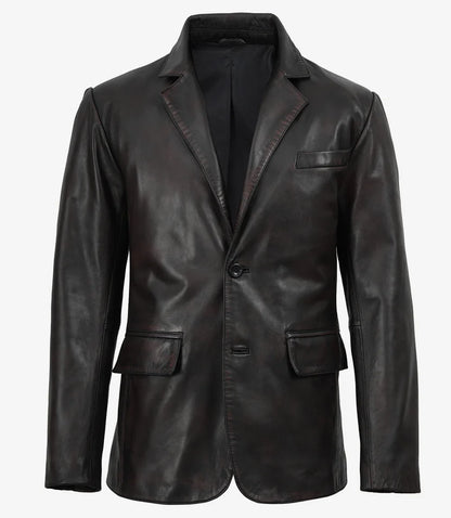 Juan Men's Two Toned Maroon Distressed Black Leather Blazer