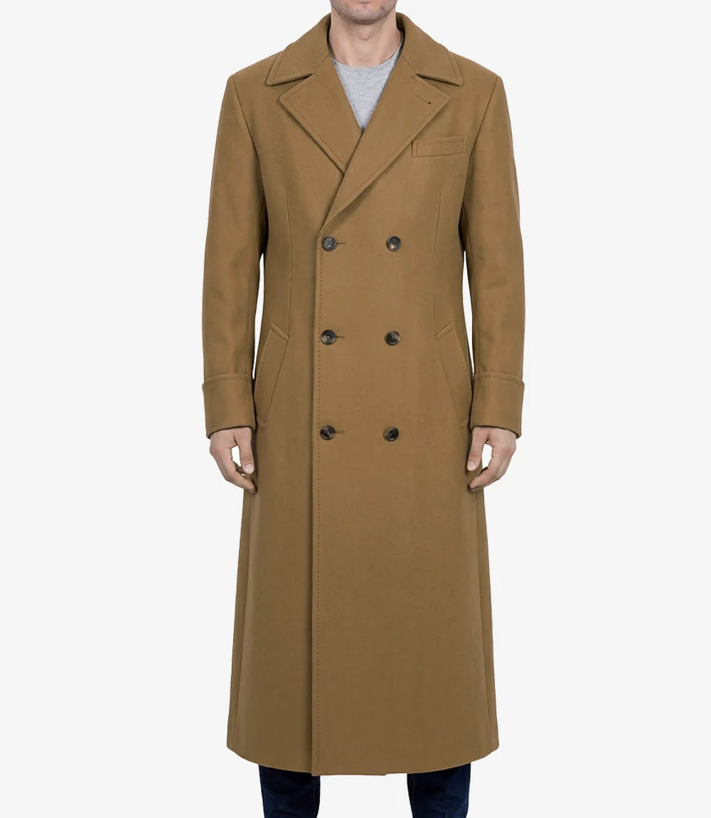 Aaron Mens Camel Brown Double Breasted Wool Coat