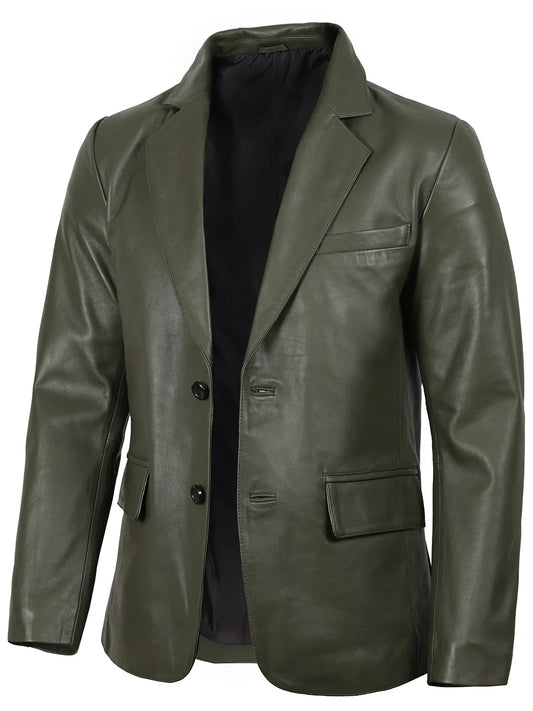Men's Dark Green Leather Blazer