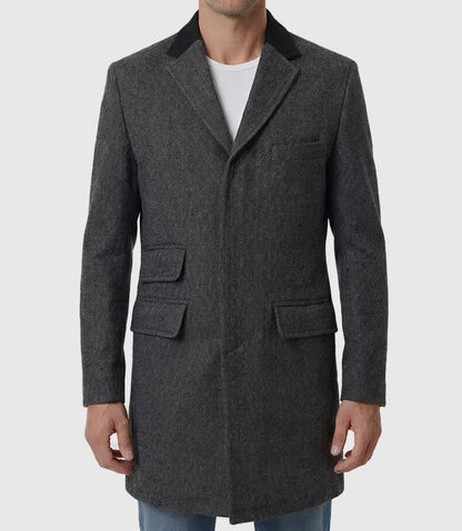 Grey Herringbone Wool Blend 3/4 Length Coat for Men