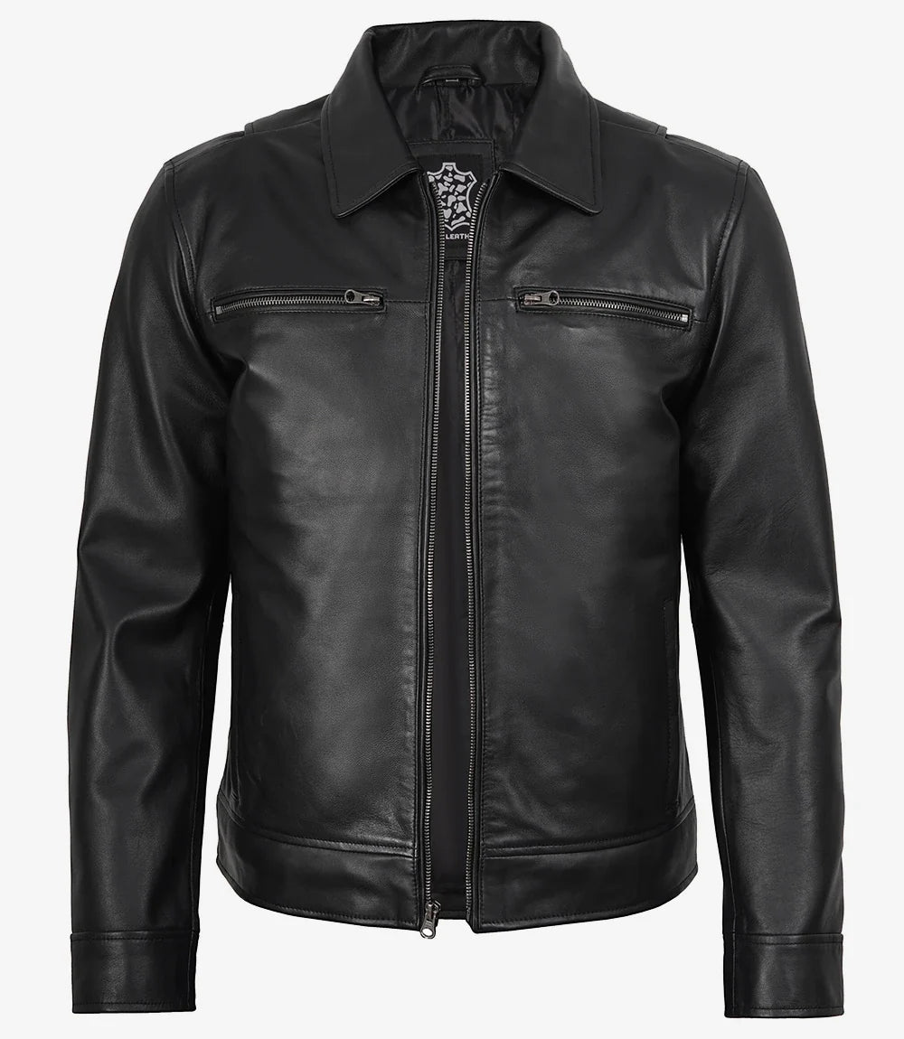 Men's Black Real Leather Jacket — Harrington Style