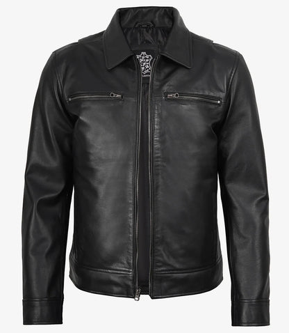 Men's Black Real Leather Jacket — Harrington Style