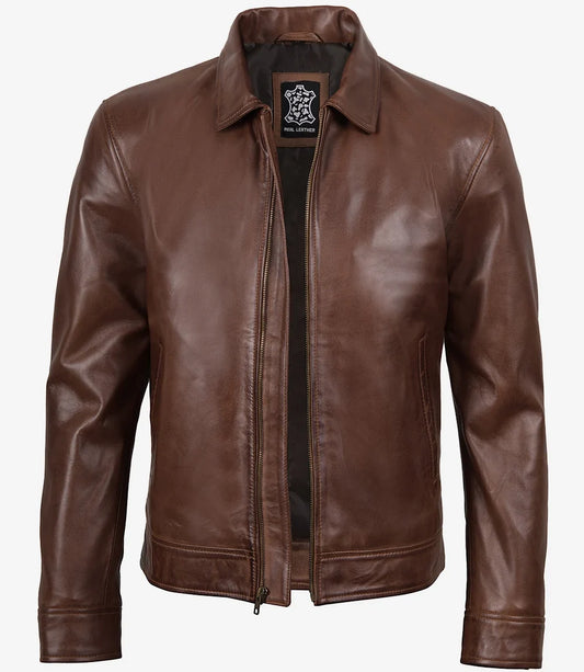 Men's Cognac Brown Harrington Leather Jacket | Buttoned-Cuff