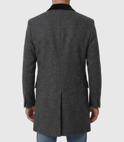 Grey Herringbone Wool Blend 3/4 Length Coat for Men