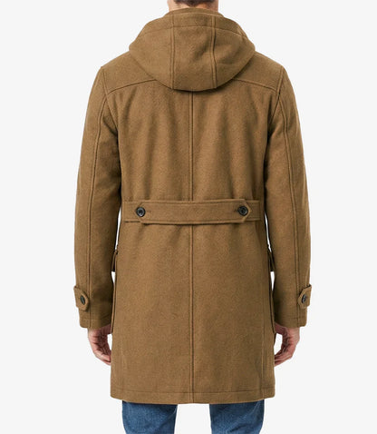 Mens Camel Brown Hooded Duffle Wool Coat