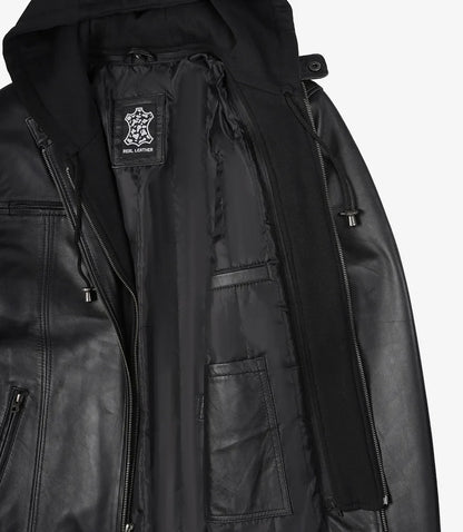 Jonathan Mens Black Cafe Racer Style Leather Jacket with Removable Hood