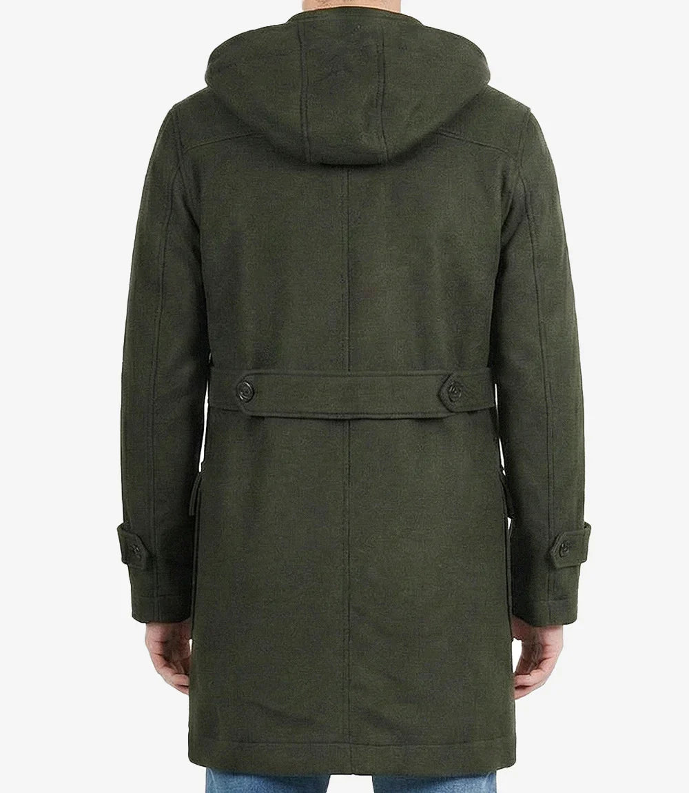 Mens Olive Green Hooded Duffle Wool Coat