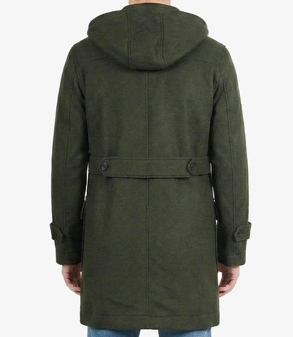 Mens Olive Green Hooded Duffle Wool Coat
