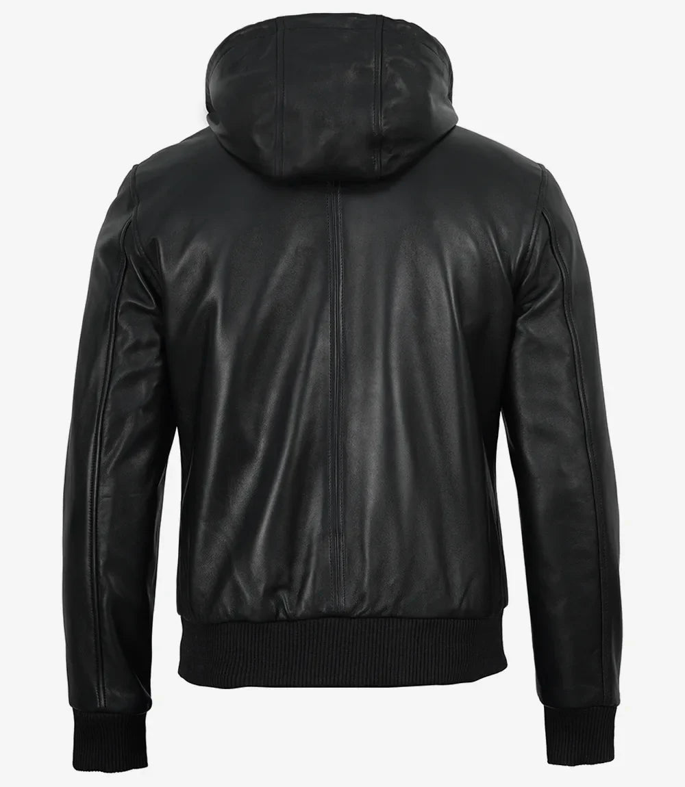 Mens Black Hooded Leather Bomber Jacket - Letterman Style