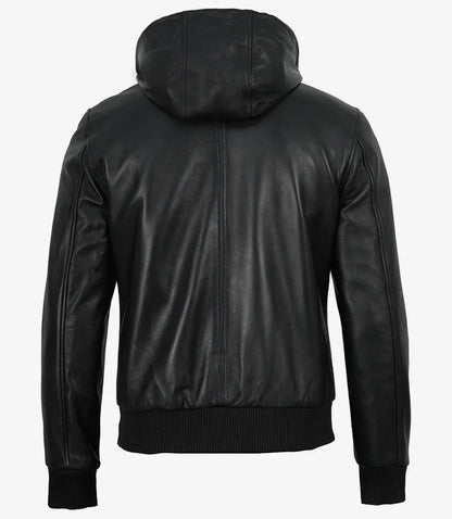 Mens Black Hooded Leather Bomber Jacket - Letterman Style