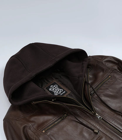 Mens Dark Brown Bomber Leather Jacket With Hood