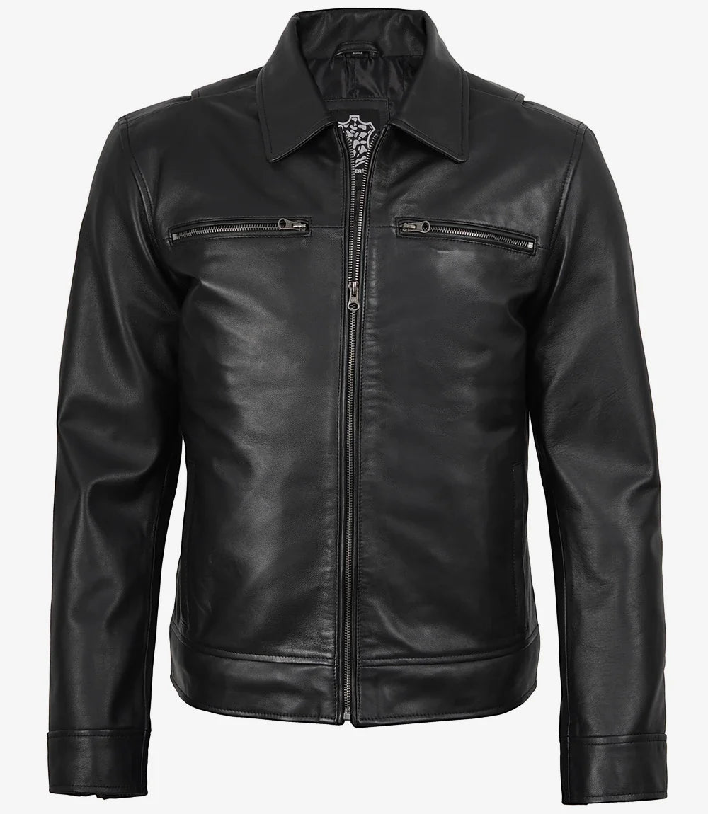 Men's Black Real Leather Jacket — Harrington Style