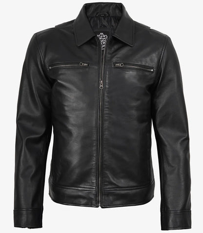 Men's Black Real Leather Jacket — Harrington Style