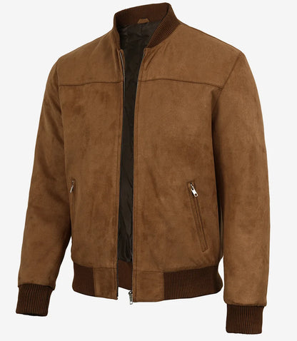 Men's Light Brown Faux Suede Bomber Jacket