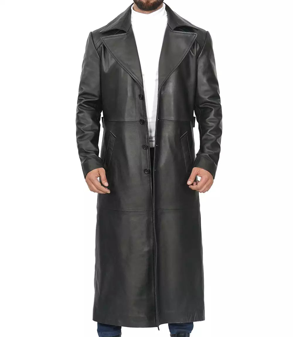 Men's Full-Length Black Leather Coat - Duster Coat