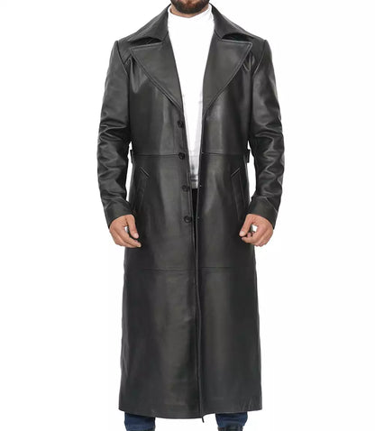 Men's Full-Length Black Leather Coat - Duster Coat