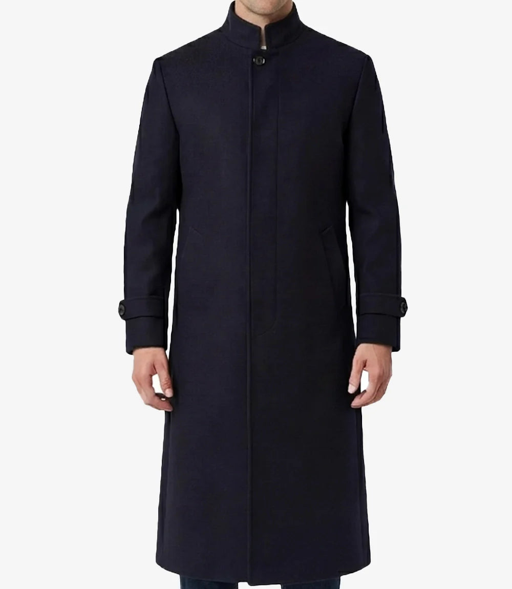 Men's Long Wool Blend Navy Blue Overcoat