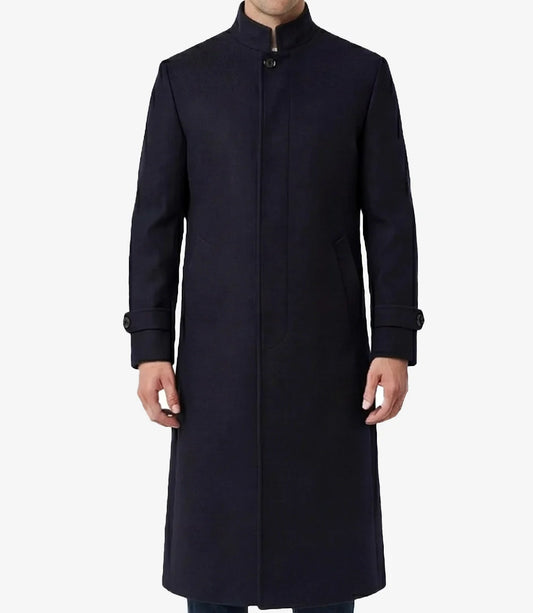 Men's Long Wool Blend Navy Blue Overcoat