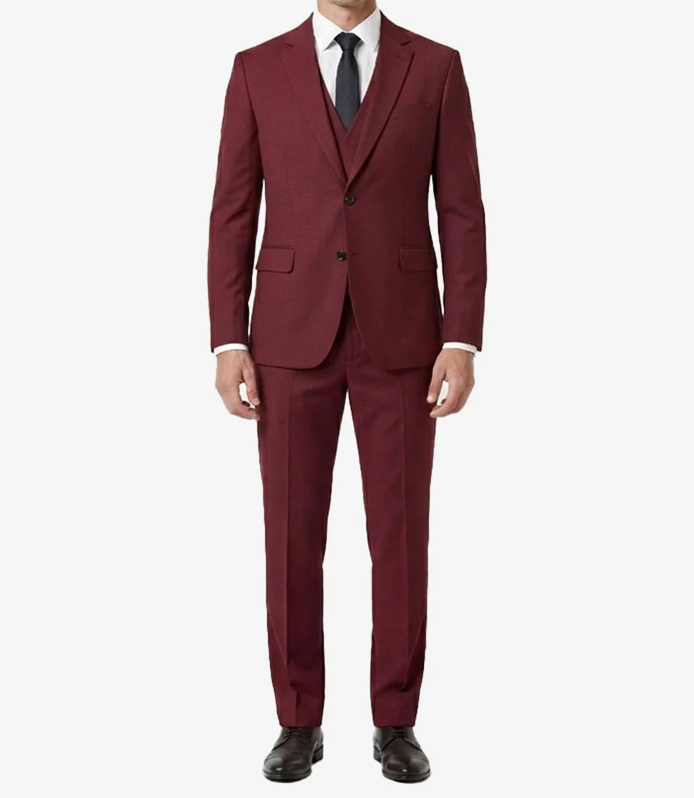Mens Single Breasted Three Piece Maroon Suit