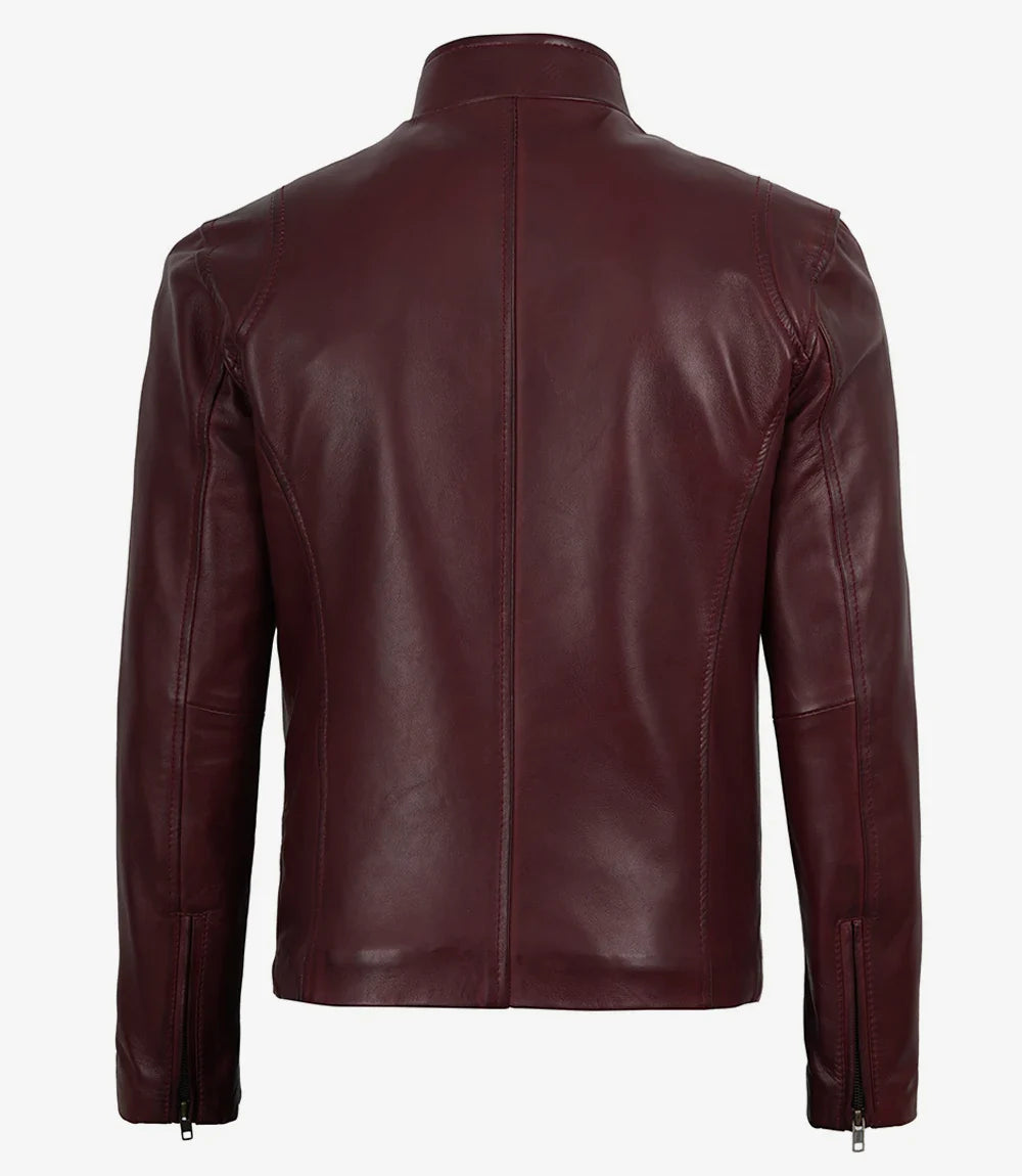 Men's Maroon Waxed Leather Biker Style Jacket