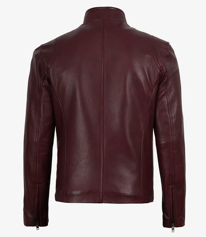 Men's Maroon Waxed Leather Biker Style Jacket