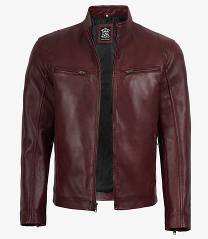 Men's Maroon Waxed Leather Biker Style Jacket