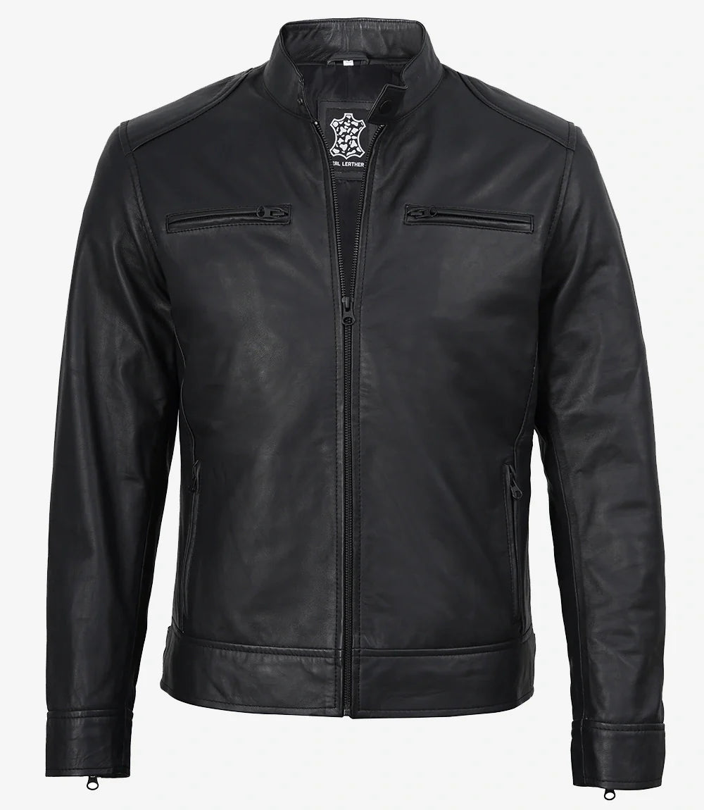 Mens Real Leather Matte Black Jacket - Biker Style