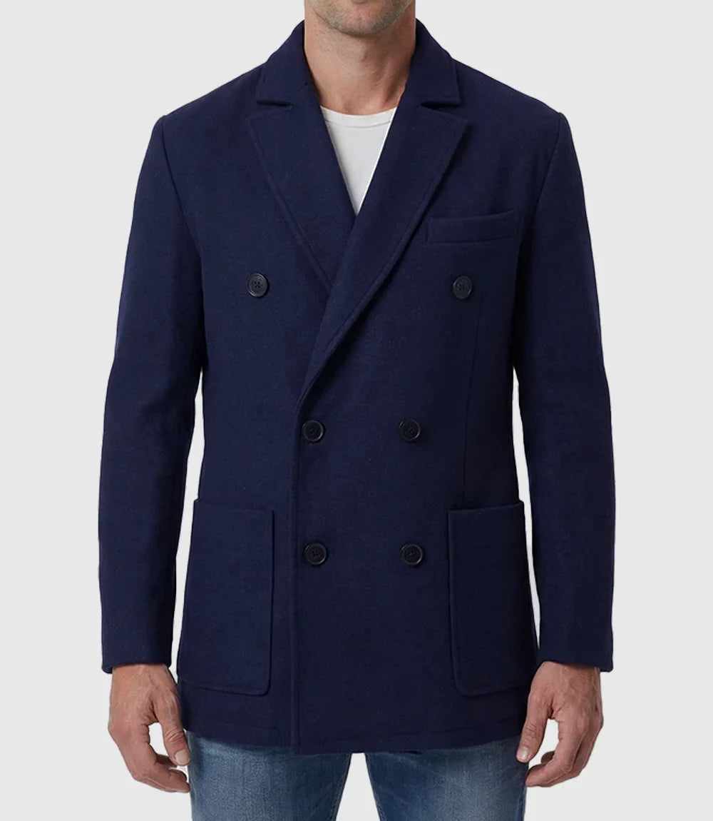Mens Navy Blue Double Breasted Wool Blend Blazer