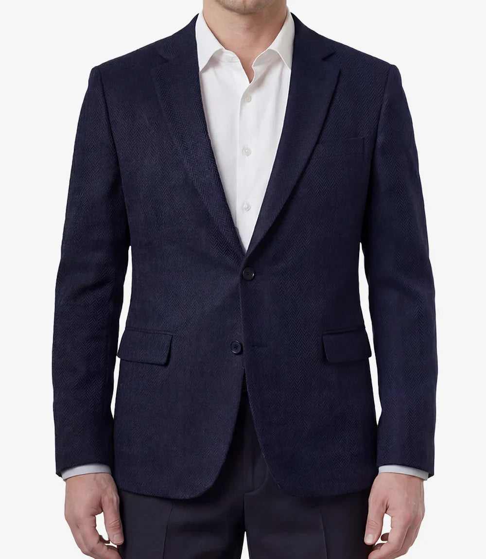 Mens Navy Blue Herringbone Wool Blend Blazer Jacket