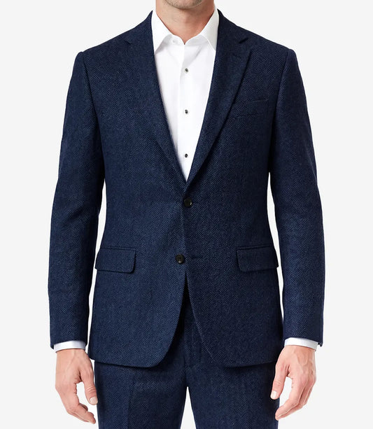 Mens Navy Blue Herringbone Wool Blend 2 Piece Suit