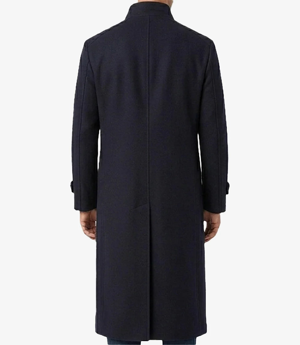 Men's Long Wool Blend Navy Blue Overcoat